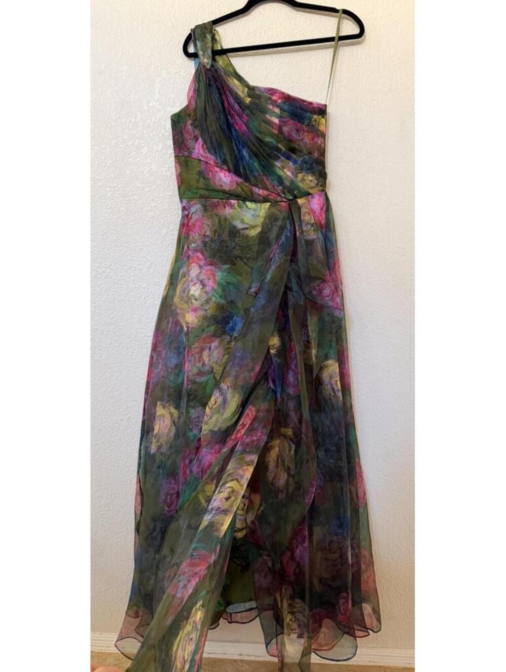 New Xscape Evenings One-Shoulder Floral Organza Gown In Green/ Multi Sz 8 $298 - Picture 8 of 13